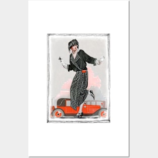 Art Deco Lady With Red Vintage Car Posters and Art